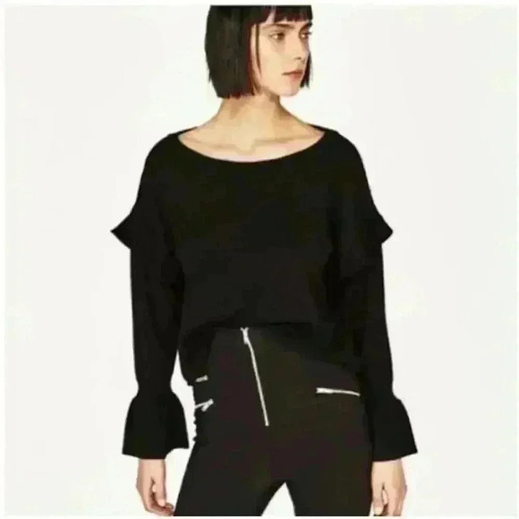 Zara Knit Black Flounce Sweater Bell Cuff Ruffle Shoulder Black Women Size Small - Picture 12 of 12